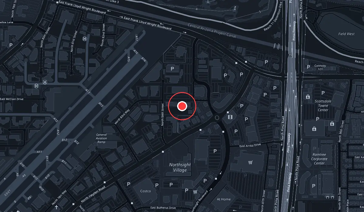 Map of the Scottsdale Airpark showing Ultimate Auto Works on North Northsight Blvd, between Frank Lloyd Wright Blvd and the 101 freeway